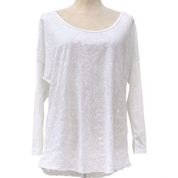 Studio Y Women White Lace Sequin Blouse Scoop Neck Long Sleeve Boho Top Size XL - Picture 1 of 9